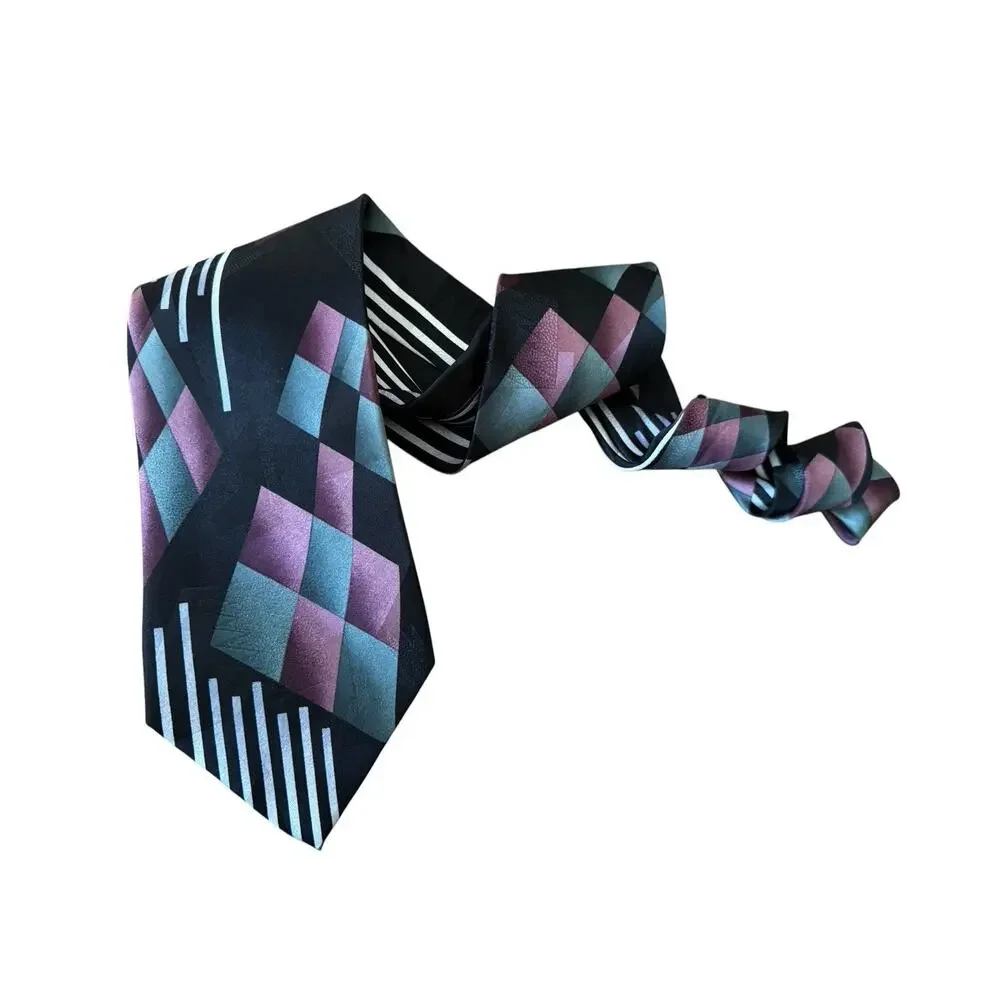 J.T. Beckett Silk Long Tall Tie Geometric Abstract Black Teal‎ Purple Striped